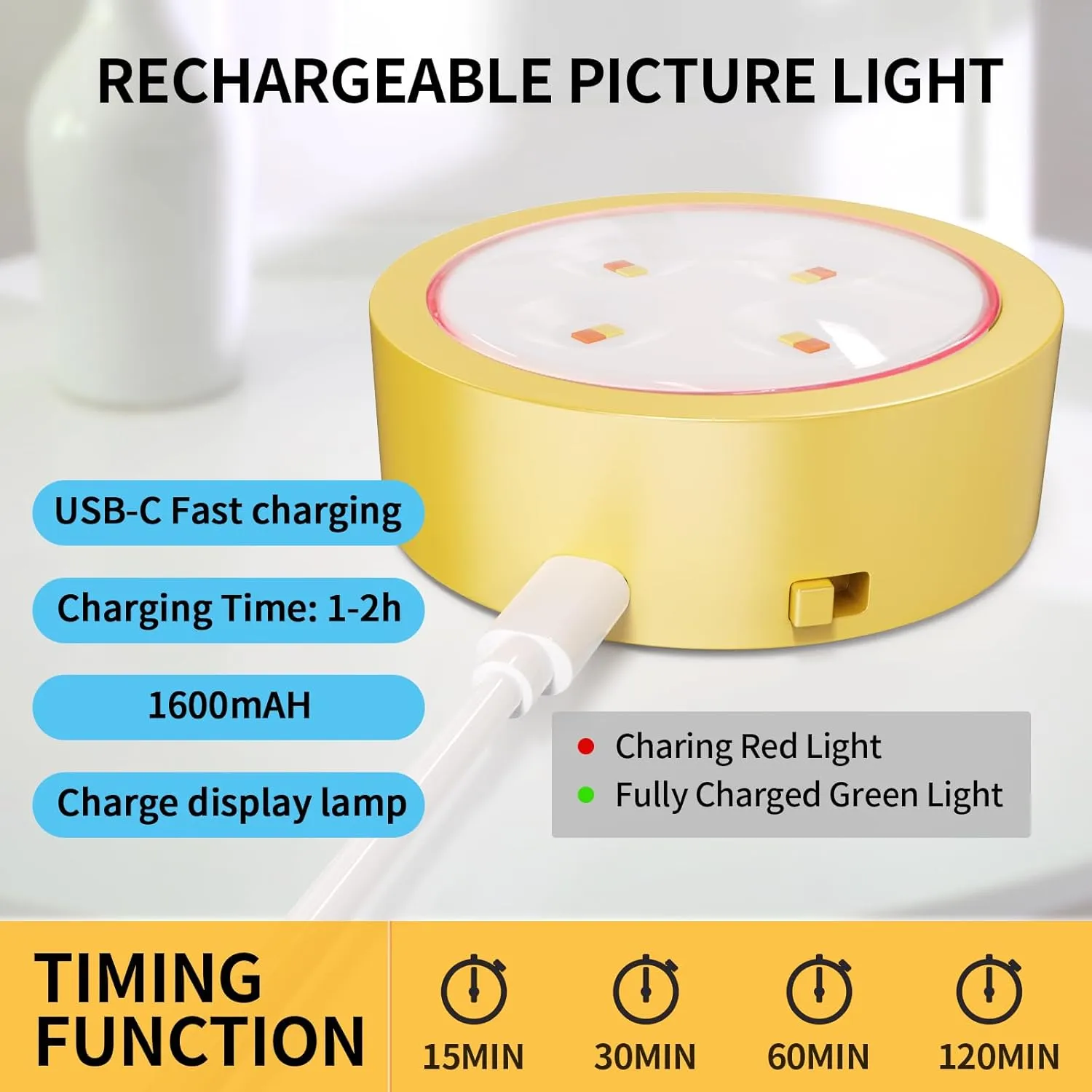3 Pack Picture Lights for Wall, Rechargeable Battery Operated wall lights, Picture Frame lights with 3 Lighting Modes, Wireless Magnetic Painting Light with Remote Control Timer (Golden, 3 Pack)