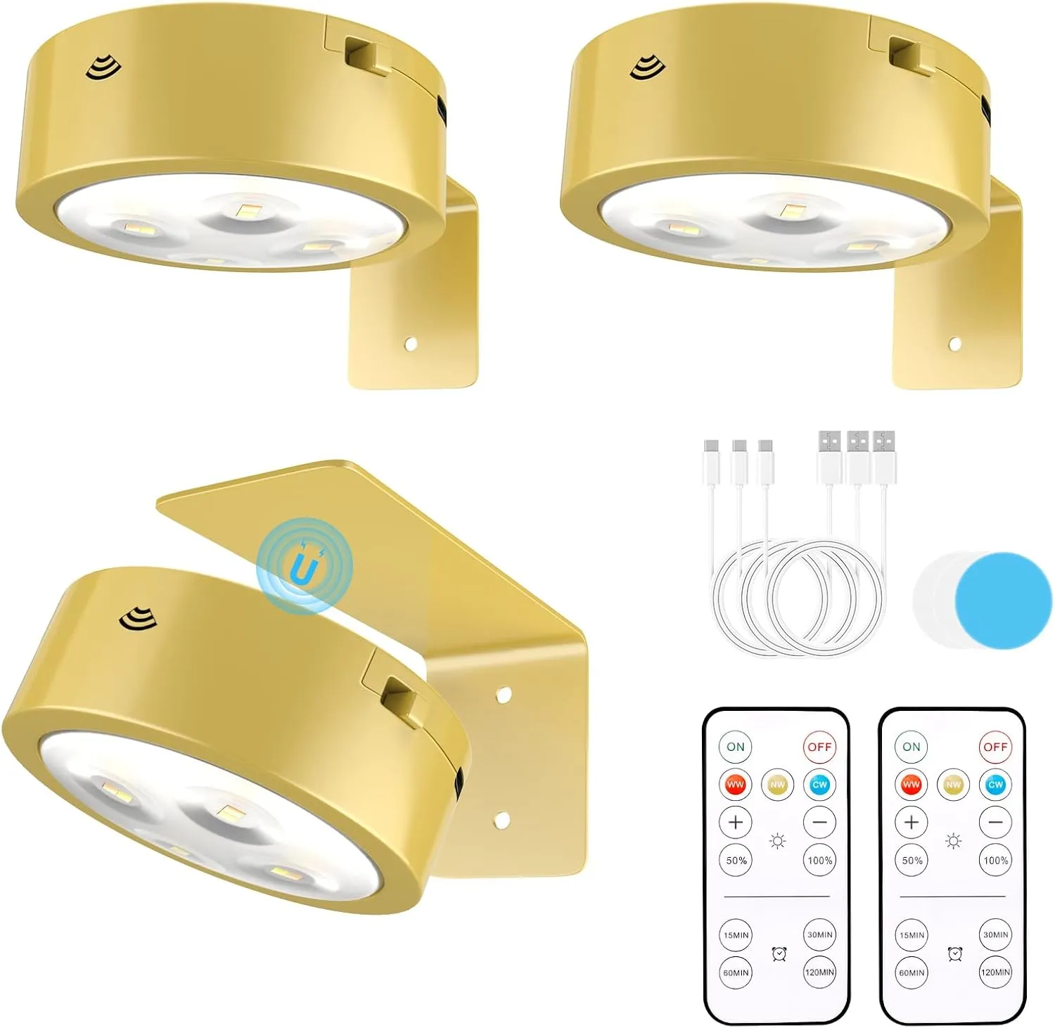 3 Pack Picture Lights for Wall, Rechargeable Battery Operated wall lights, Picture Frame lights with 3 Lighting Modes, Wireless Magnetic Painting Light with Remote Control Timer (Golden, 3 Pack)