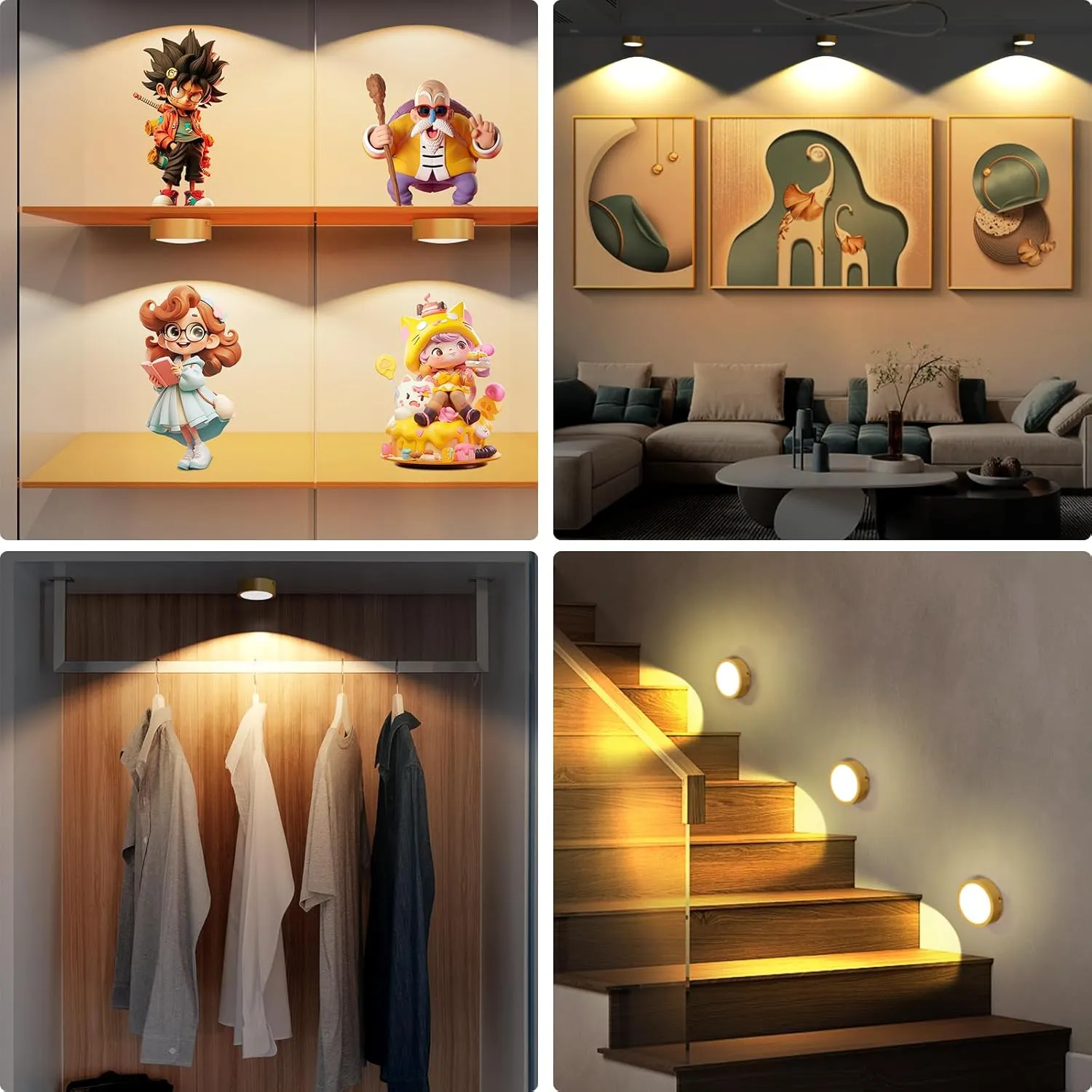 3 Pack Picture Lights for Wall, Rechargeable Battery Operated wall lights, Picture Frame lights with 3 Lighting Modes, Wireless Magnetic Painting Light with Remote Control Timer (Golden, 3 Pack)