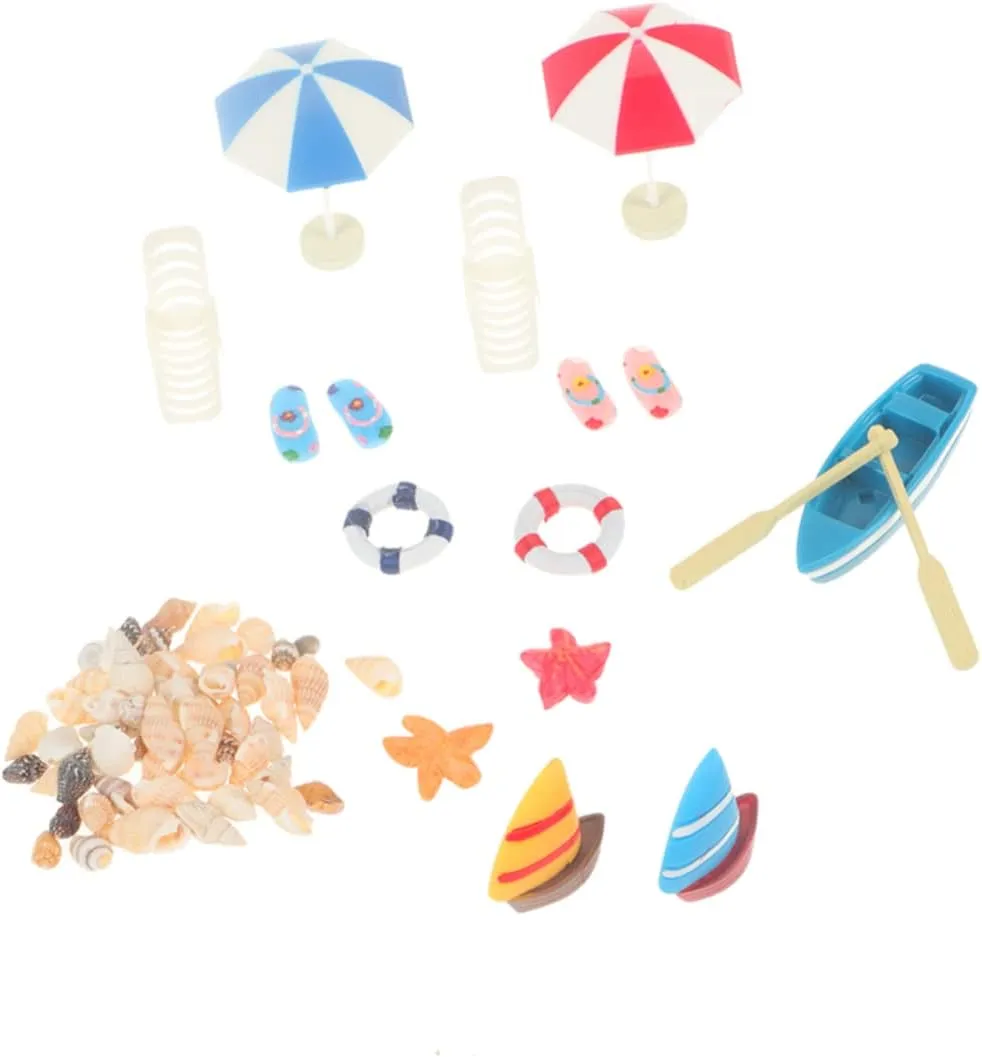 3 Sets Miniature Beach Accessories Resin Boat Umbrella and Slippers for Mini House Sandbox and Plant Decoration and Imaginative Collectors