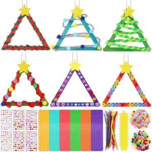 30 Sets Christmas Craft Kits for Kids DIY Stick Christmas Tree Ornaments Decoration Craft Stick Hairball Button Sticker for Kids Holiday Classroom Activities Party Favors