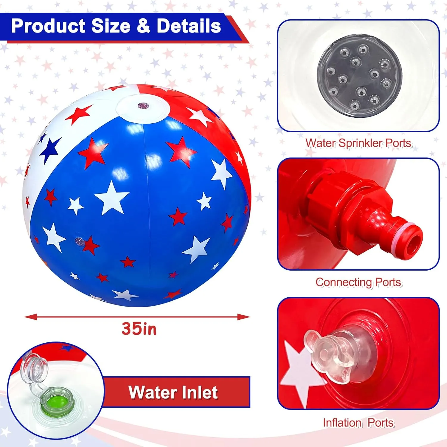 35" Inflatable Sprinkler for Kids 4th of July American Flag Star Jumbo Sprinkler Ball Water Toys for Kids Adults Outdoor Garden Backyard Summer Water Party 4th of July Party Games Activities