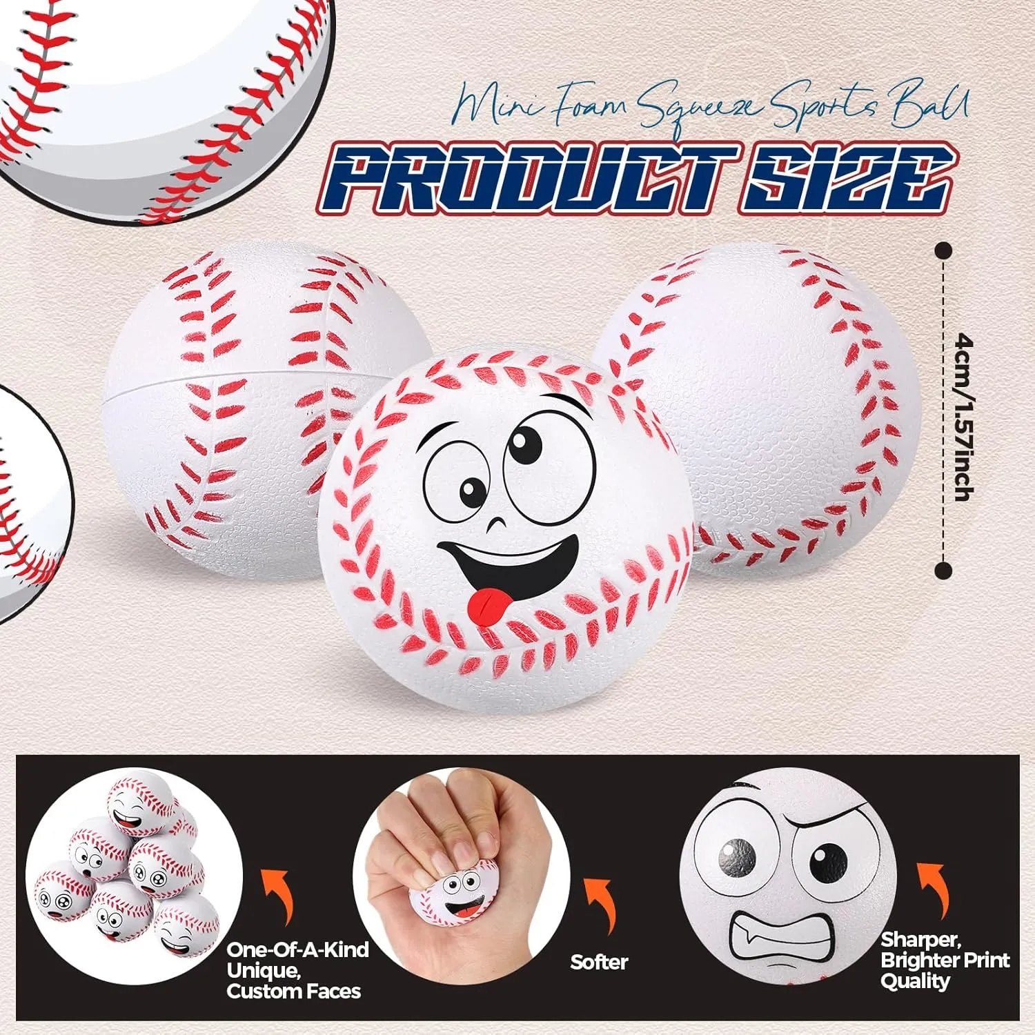 36 Pcs Mini Face Baseball Stress Balls Bulk Small Baseballs Stress and Anxiety Relief Toy Foam Sports Squeeze Balls for School Carnival Reward Sports Theme Party Favors Valentines Gifts