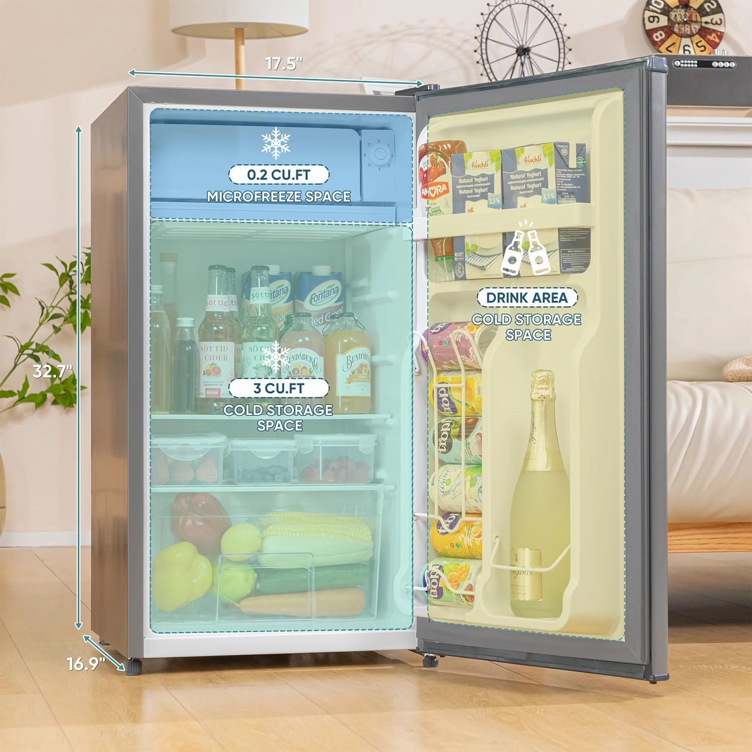 3.2 Cu.Ft Mini Fridge with Freezer, Single Door Mini Fridge, Adjustable Thermostat, Energy Saving Mini Refrigerator for Bedroom, Office, Dorm (Modern Silver, 3.2 Cu.ft)