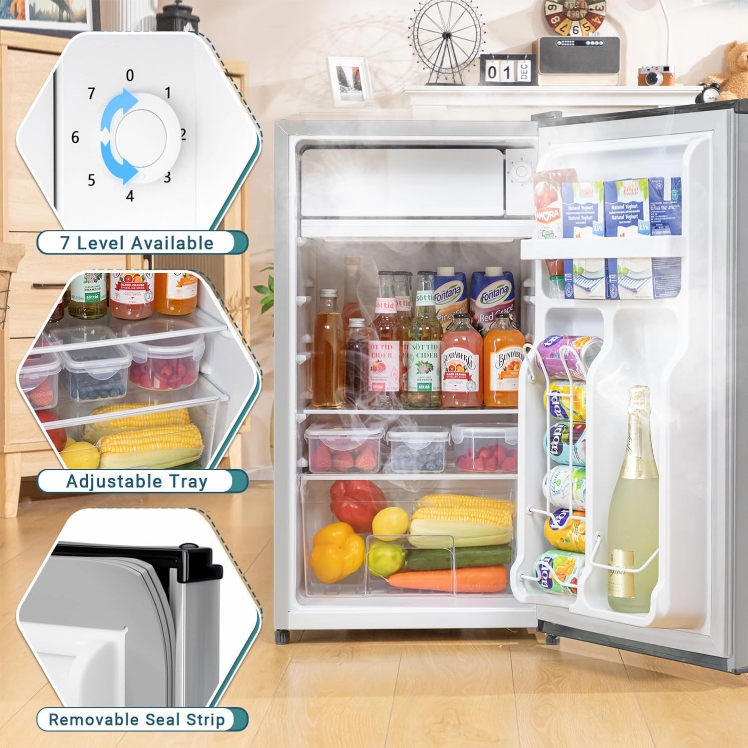 3.2 Cu.Ft Mini Fridge with Freezer, Single Door Mini Fridge, Adjustable Thermostat, Energy Saving Mini Refrigerator for Bedroom, Office, Dorm (Modern Silver, 3.2 Cu.ft)