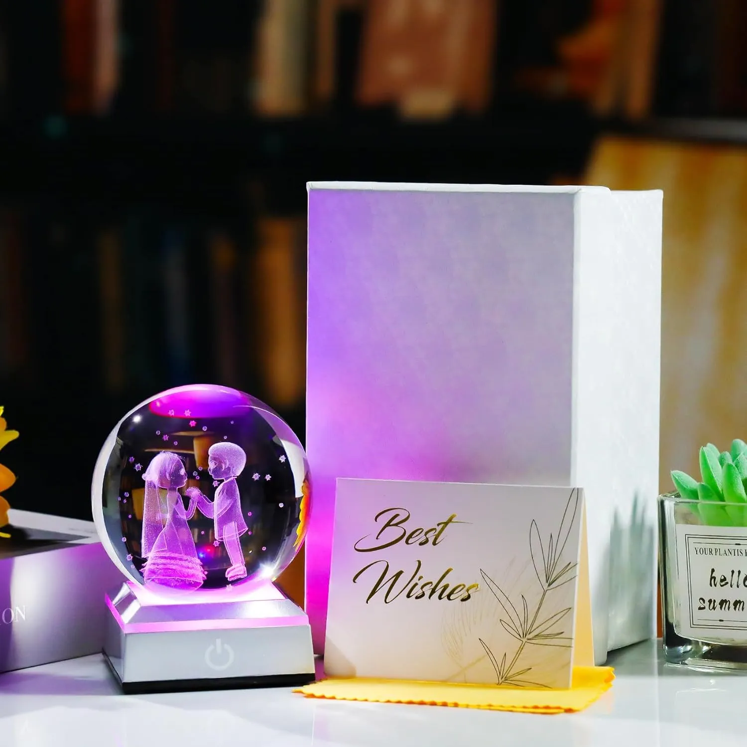 3D Crystal Ball Engraved Wedding Couples with LED Light Base 3.15'' - Gifts for Bride and Groom, Friend, Sister - Married Anniversary Presents for Partner Sweet Newlyweds Home Decor