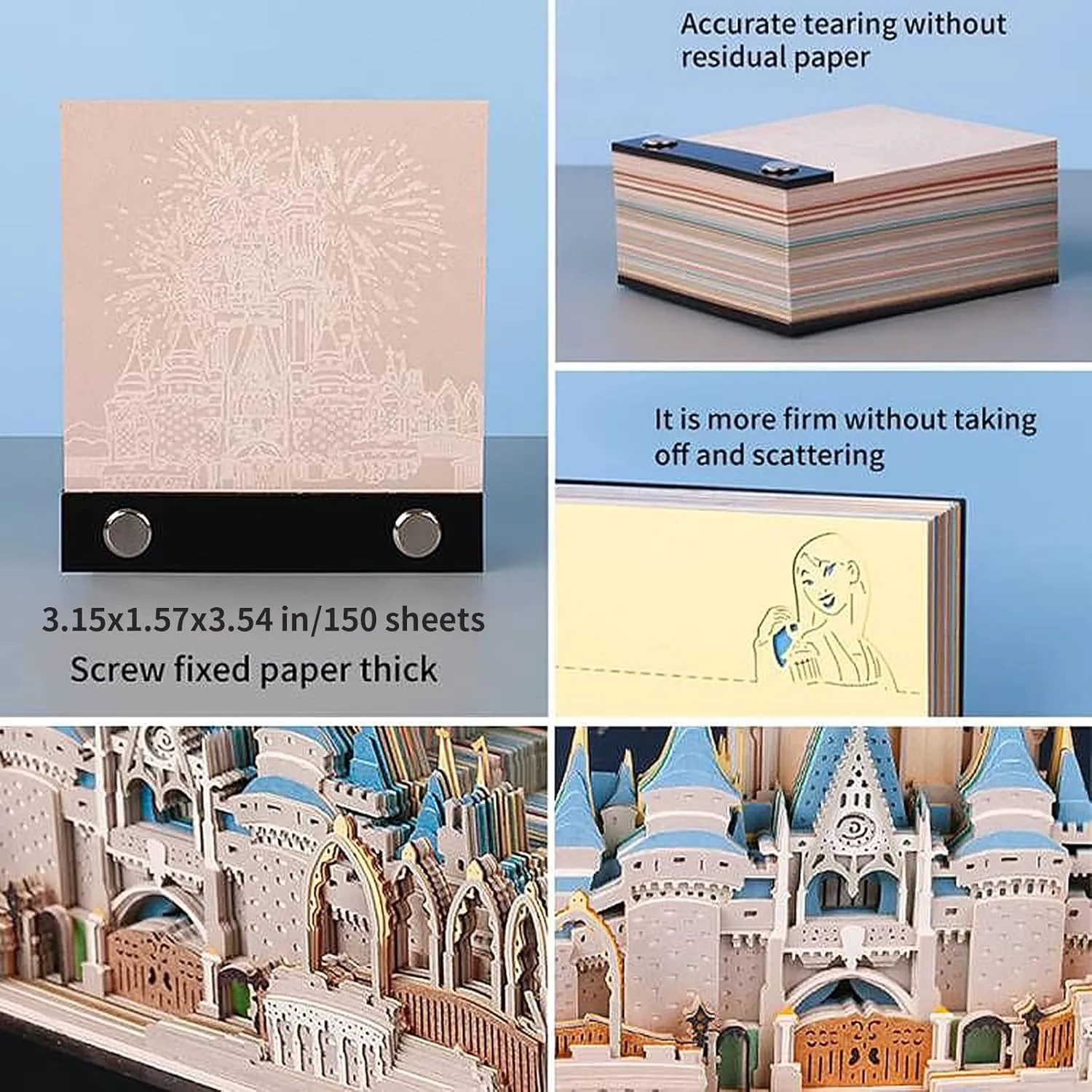 3D Memo Pad Art Sticky Notes, Fantasy Castle Notepad 3D Paper Card Craft Multicolor Self Sticky Note Pads Character Silhouette Desk Decoration DIY Creative Gift