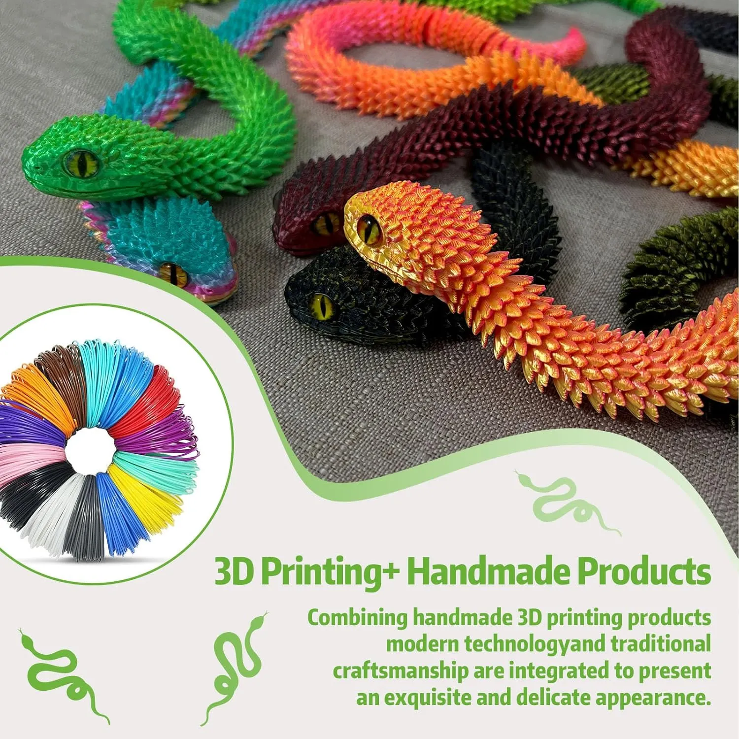 3D Printed Animals-Snake Viper,3D Printed Snake Toys 3D Printed Articulated Snake 3D Printed Animals Animal Model Ornaments Creative Funny Toy Festival Gift for Frends (Blue Green, 29 Inch)