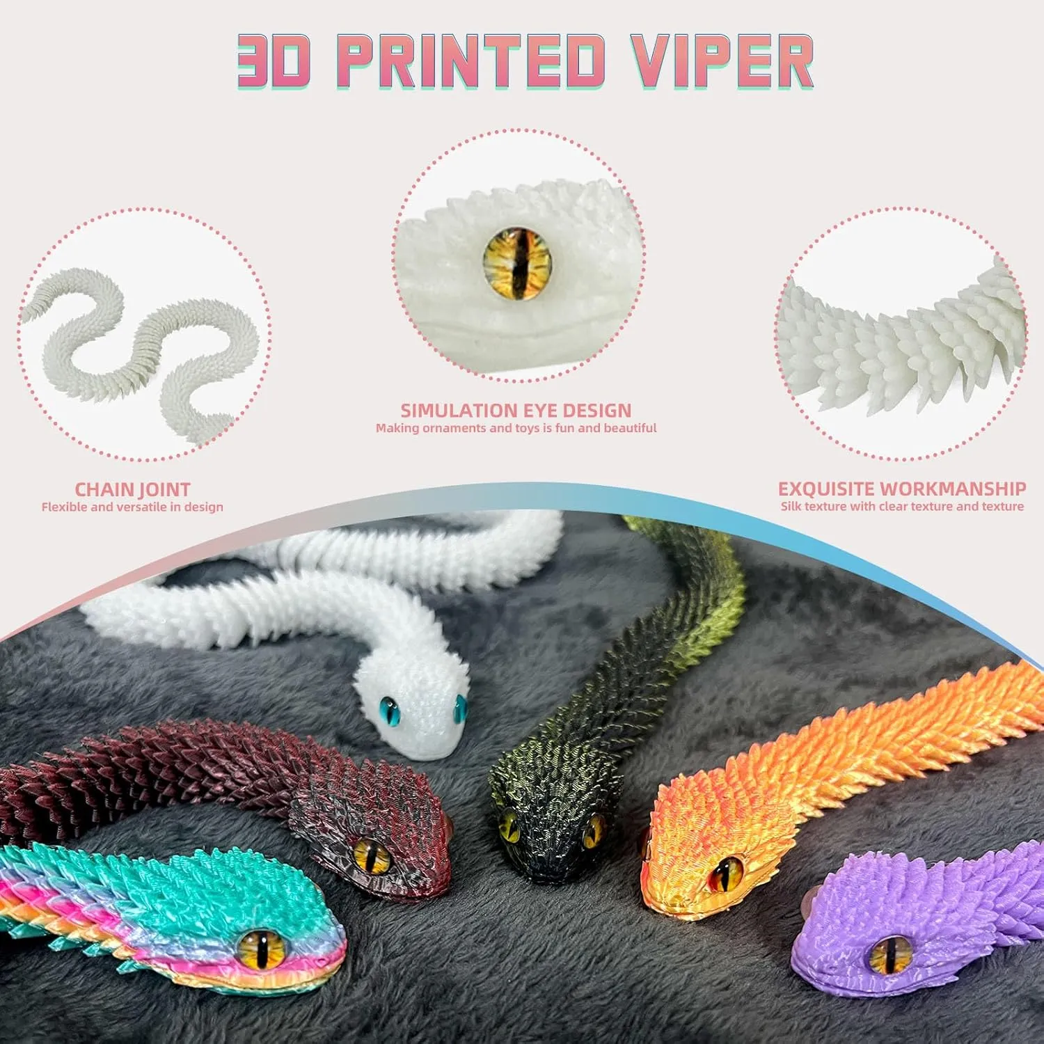 3D Printed Animals-Snake Viper,3D Printed Snake Toys 3D Printed Articulated Snake 3D Printed Animals Animal Model Ornaments Creative Funny Toy Festival Gift for Frends (Blue Green, 29 Inch)