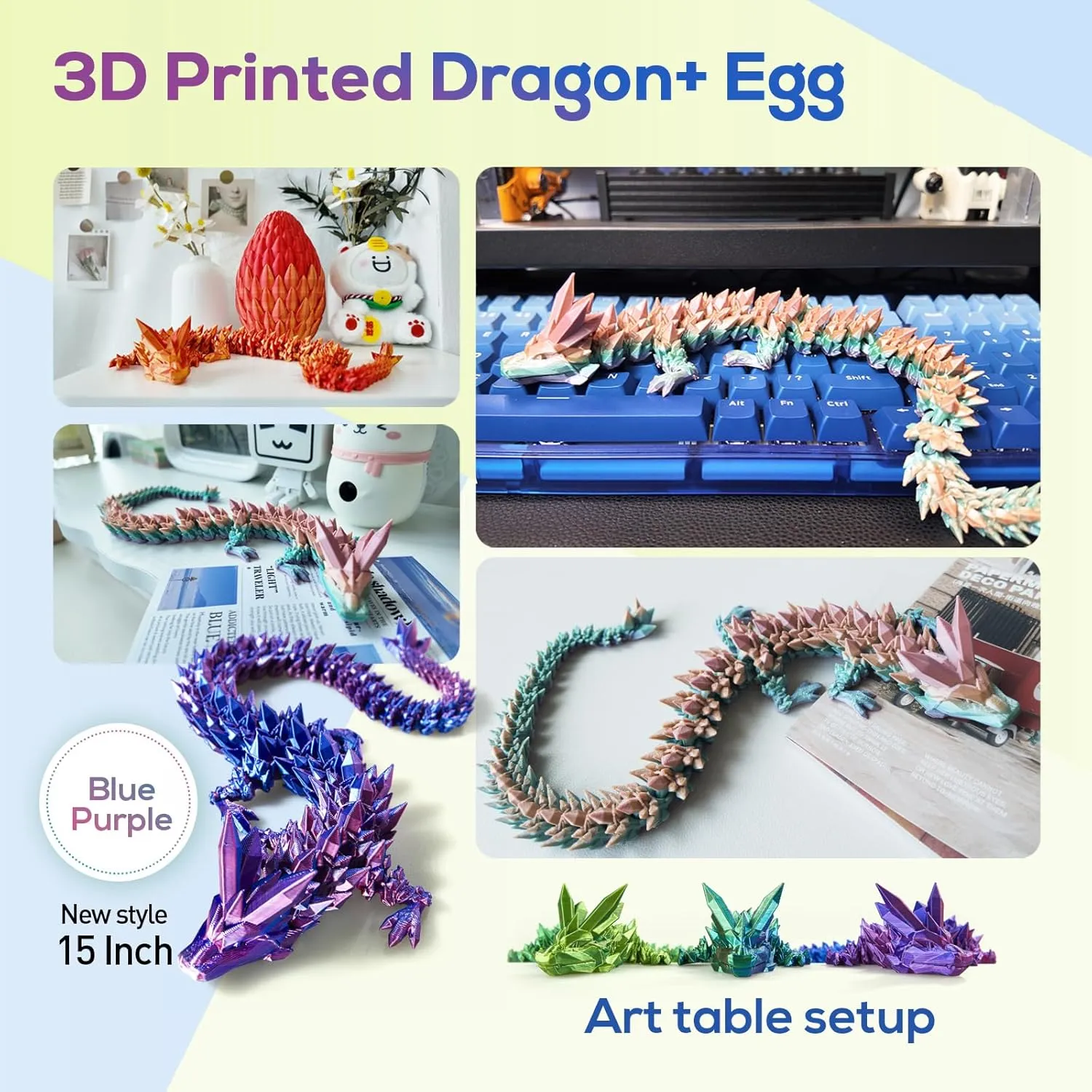 3D Printed Dragon,Dragon Eggs with Dragon Inside,Surprise Dragon Egg Toy,15'' Full Articulated Crystal 3D Dragon