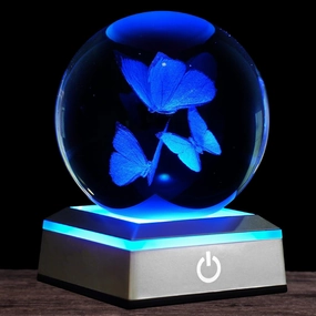 3D Crystal Ball Night Light - 3.15 Inch Butterfly Figurines Glass Ball Table Lamp with Color Changing Touch Base - Butterfly Gifts for Friends, Kids, Women - Christmas, Birthday