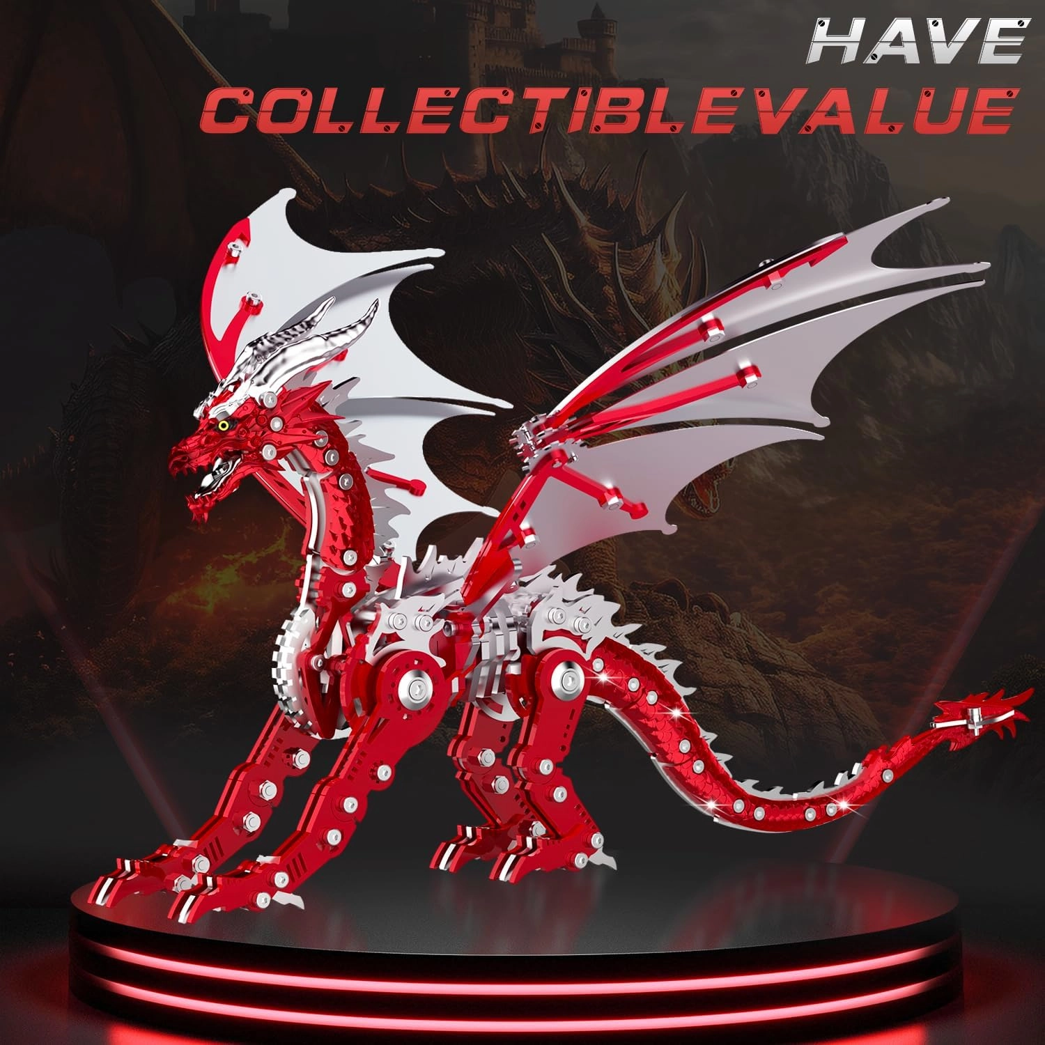3D Puzzles for Adults,Metal Dragon Puzzle Building Set,Collectible Mechanical Engineering Crafts for Home Office Decoration & Gift（Red）