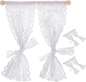 3pcs Mini Lace Curtains for Dollhouse - 1:12 Scale Dollhouse Window Accessories, Sheer White Curtain Decor with Wooden Sticks