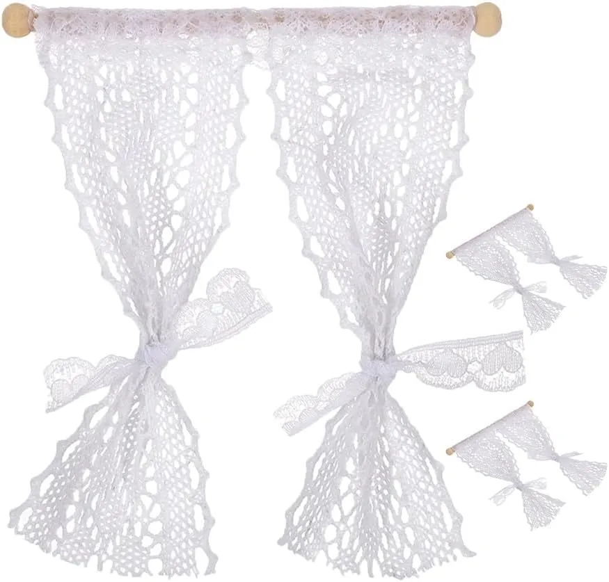 3pcs Mini Lace Curtains for Dollhouse - 1:12 Scale Dollhouse Window Accessories, Sheer White Curtain Decor with Wooden Sticks