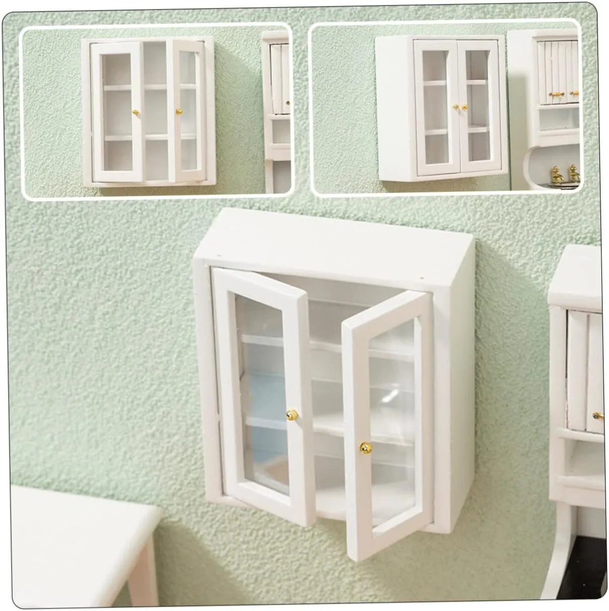 3pcs Miniature Scene Furniture Cabinet Dollhouse Mini House Decoration Miniatures Mini Furniture Prop Door Tiny House Mini House Cabinet Windows Kitchen Small House White Wooden