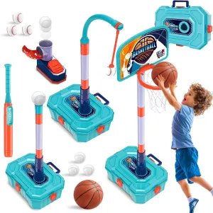 4 in 1 Basketball Hoop for Kids 1-3,Toddler basketball hoop and T-Ball Set,Height Adjustable Kids Basketball Hoop,Baseball Launcher,Indoor/Outdoor Basketball Hoop Toy for Boys and Girls Birthday Gifts