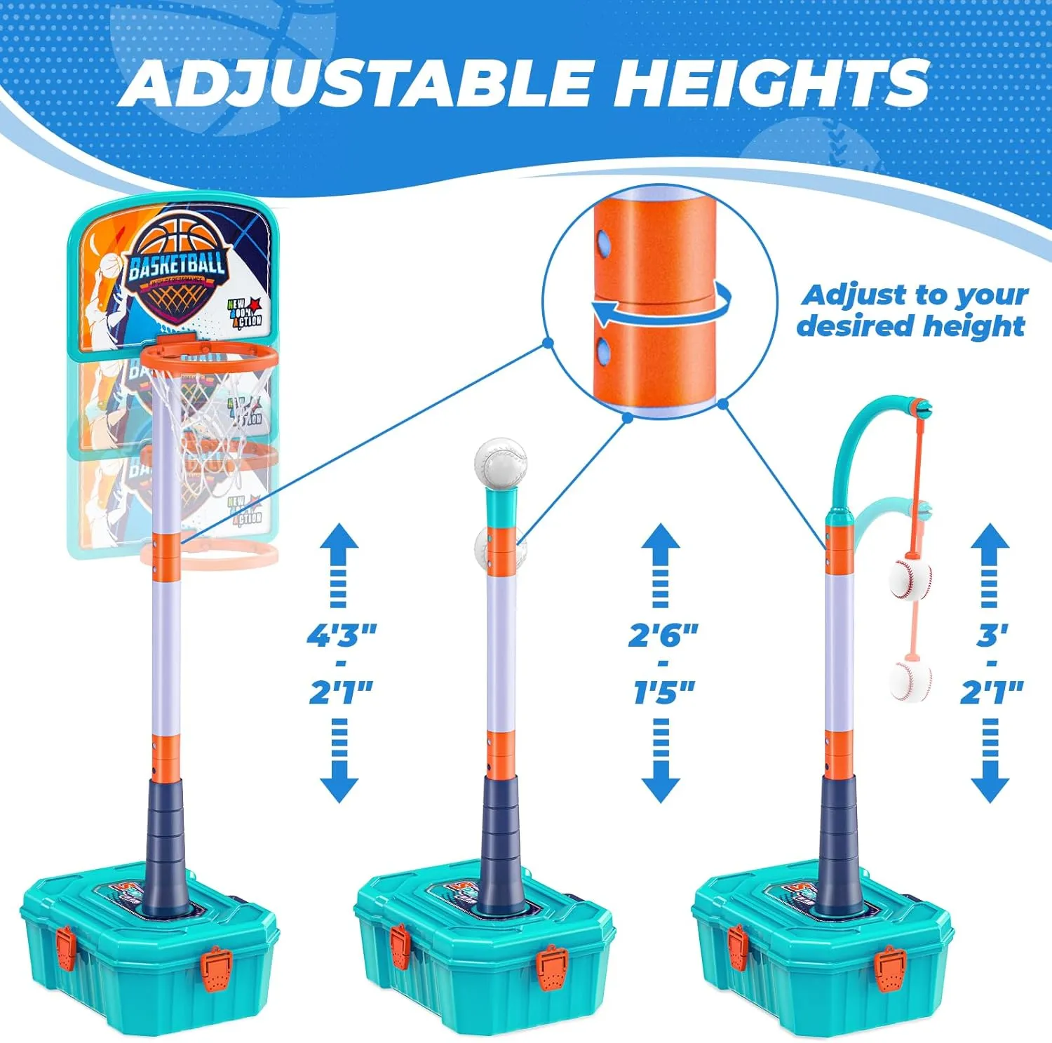 4 in 1 Basketball Hoop for Kids 1-3,Toddler basketball hoop and T-Ball Set,Height Adjustable Kids Basketball Hoop,Baseball Launcher,Indoor/Outdoor Basketball Hoop Toy for Boys and Girls Birthday Gifts