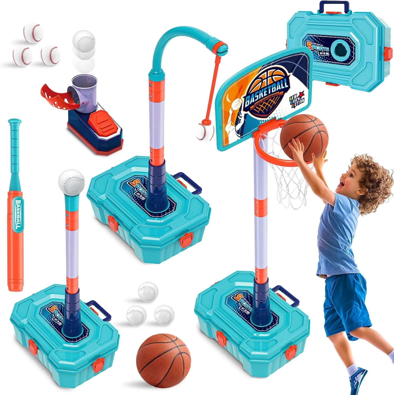 4 in 1 Basketball Hoop for Kids 1-3,Toddler basketball hoop and T-Ball Set,Height Adjustable Kids Basketball Hoop,Baseball Launcher,Indoor/Outdoor Basketball Hoop Toy for Boys and Girls Birthday Gifts