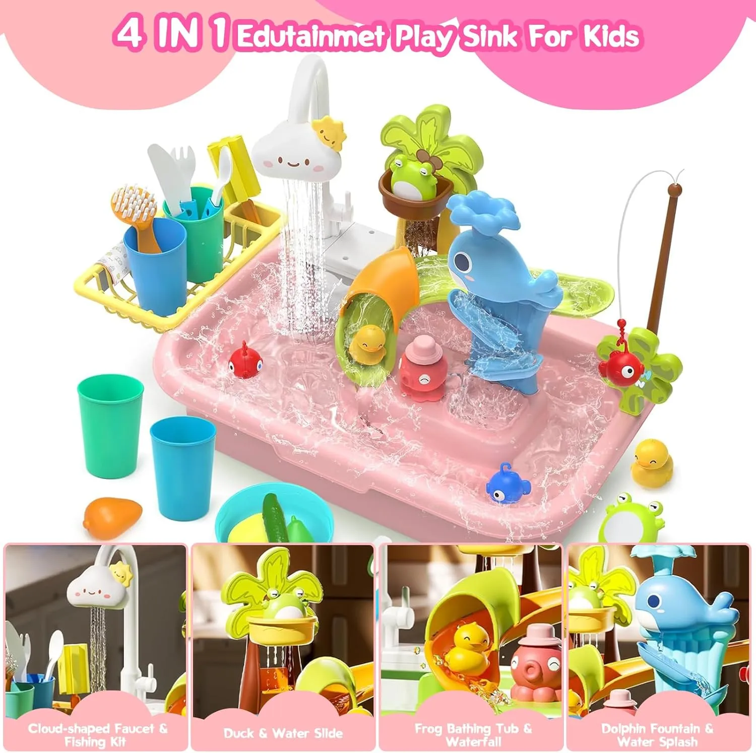 4-in-1 Kids Play Kitchen Sink Toy with Water Slide, Fishing Game, and Floating Toys