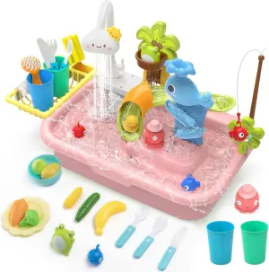 4-in-1 Kids Play Kitchen Sink Toy with Water Slide, Fishing Game, and Floating Toys
