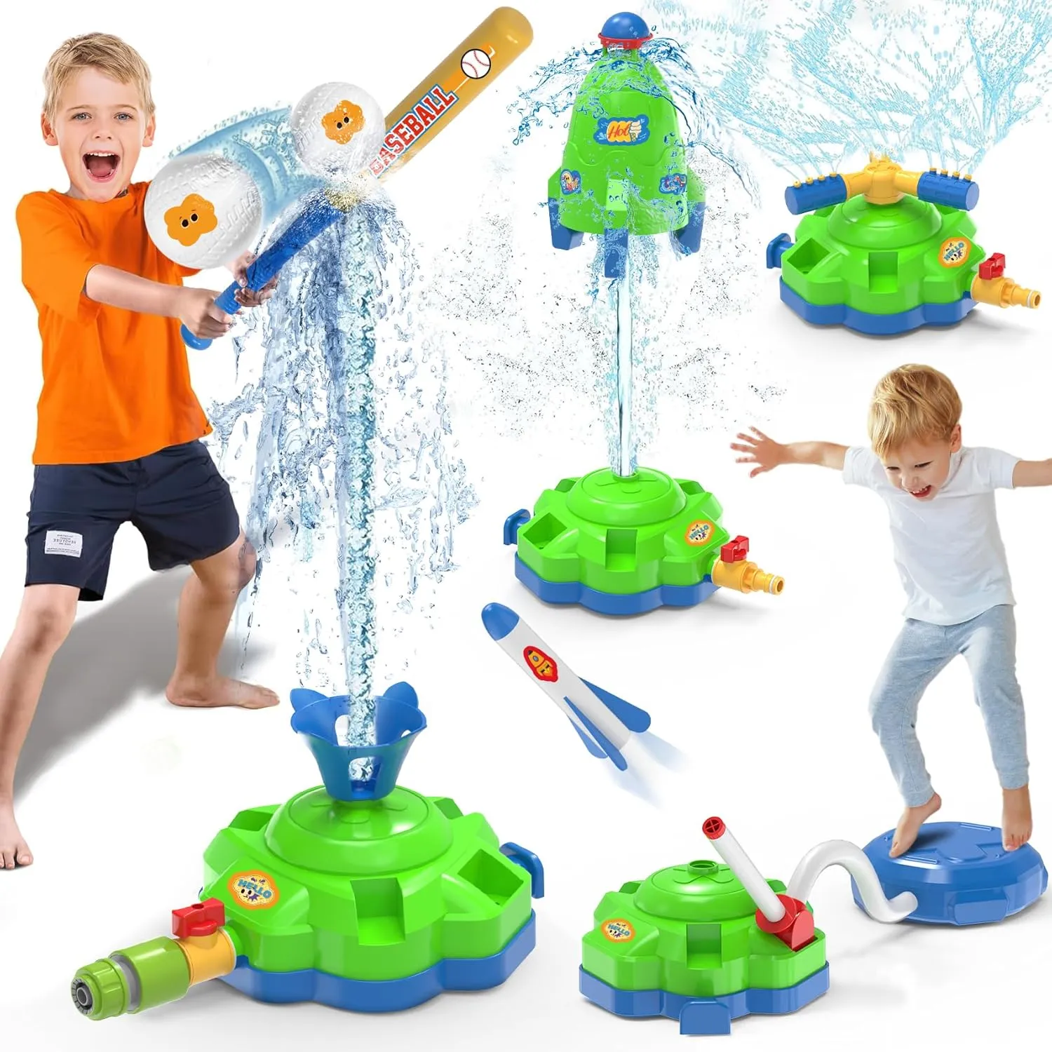 4-in-1 Kids Sprinklers for Yard - Summer Toys for Kids Ages 4-8 with Outdoor Baseball Game & Toy Rocket Launcher - Fun Water Splashing Gifts for Boys & Girls Ages 3-8