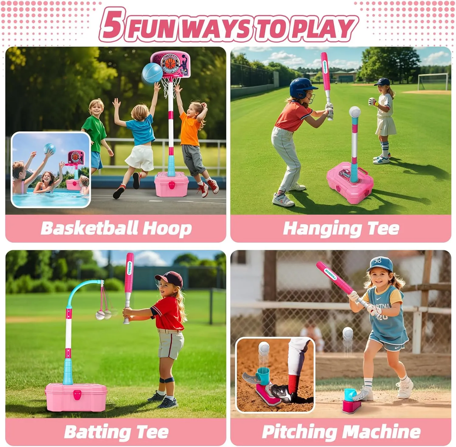 4 in 1 Pink Basketball Hoop for Girls 1-5, Mini Hoop for Toddlers, Indoor Outdoor Toys, Birthday Gifts