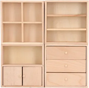 4 Pcs Birch Wooden Doll House Cabinet Set, Miniature Furniture for 1/12 Dollhouse with Clear Wood Texture, Smoothly Polished Drawer, Decoration Friends