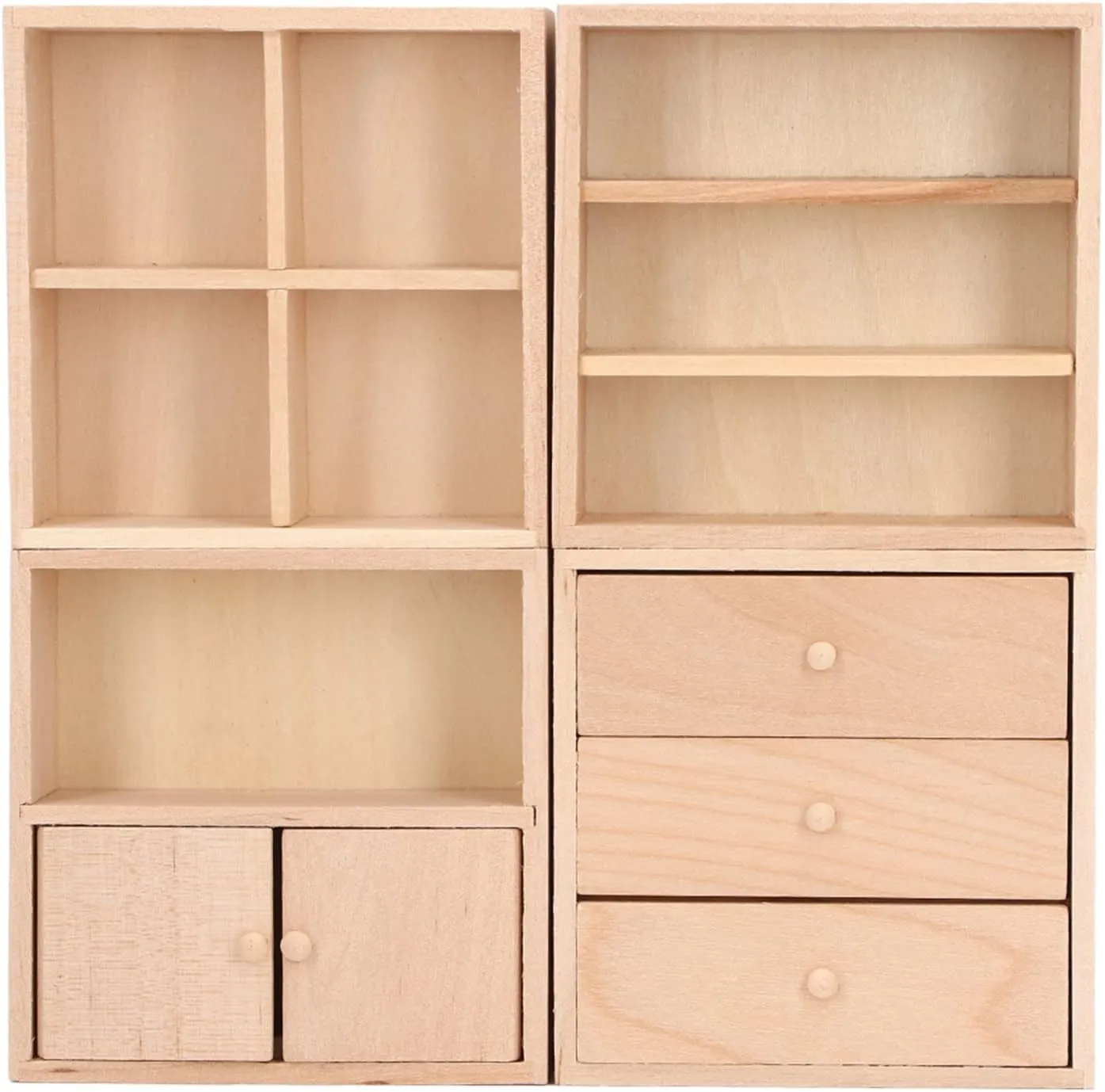 4 Pcs Birch Wooden Doll House Cabinet Set, Miniature Furniture for 1/12 Dollhouse with Clear Wood Texture, Smoothly Polished Drawer, Decoration Friends