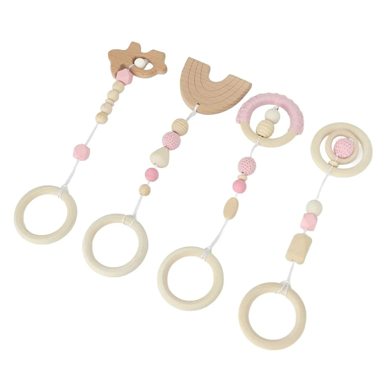 4 Pcs Crib Hanging Stroller Pendants Wood Crib Pendant Wooden Hanging Pendants, 4pcs Stroller Baby Play Gym Toys, for Toddlers Infants (Roseate)