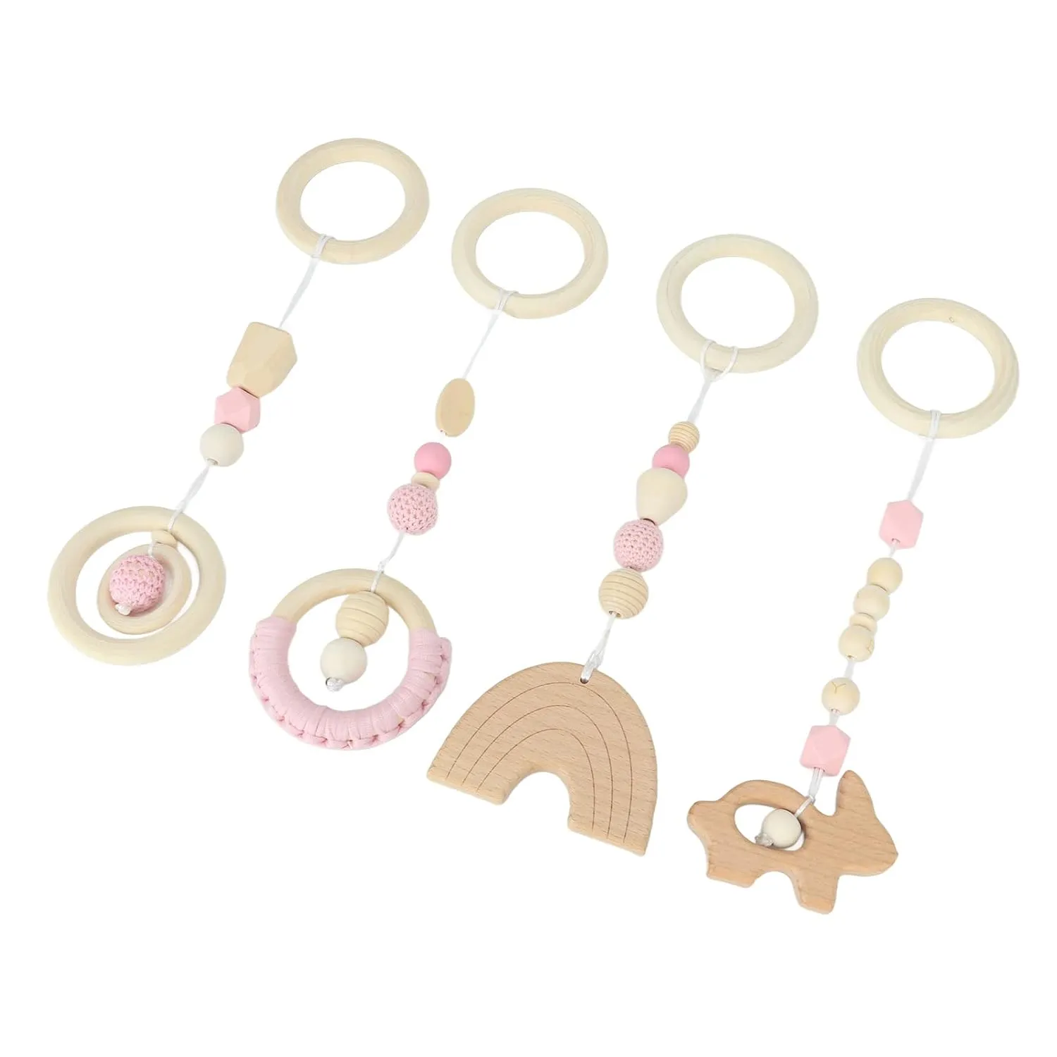 4 Pcs Crib Hanging Stroller Pendants Wood Crib Pendant Wooden Hanging Pendants, 4pcs Stroller Baby Play Gym Toys, for Toddlers Infants (Roseate)