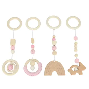 4 Pcs Crib Hanging Stroller Pendants Wood Crib Pendant Wooden Hanging Pendants, 4pcs Stroller Baby Play Gym Toys, for Toddlers Infants (Roseate)