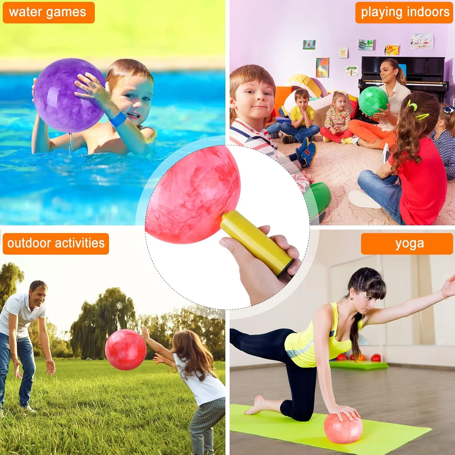 4 Pcs Marbleized Bouncy Balls & 1 Pump 9 Inch Inflatable Sensory Balls Beach Ball Kickball Bouncy Balls School Playground Ball Will Provide Hours of Fun and Entertainment for You and Your Family