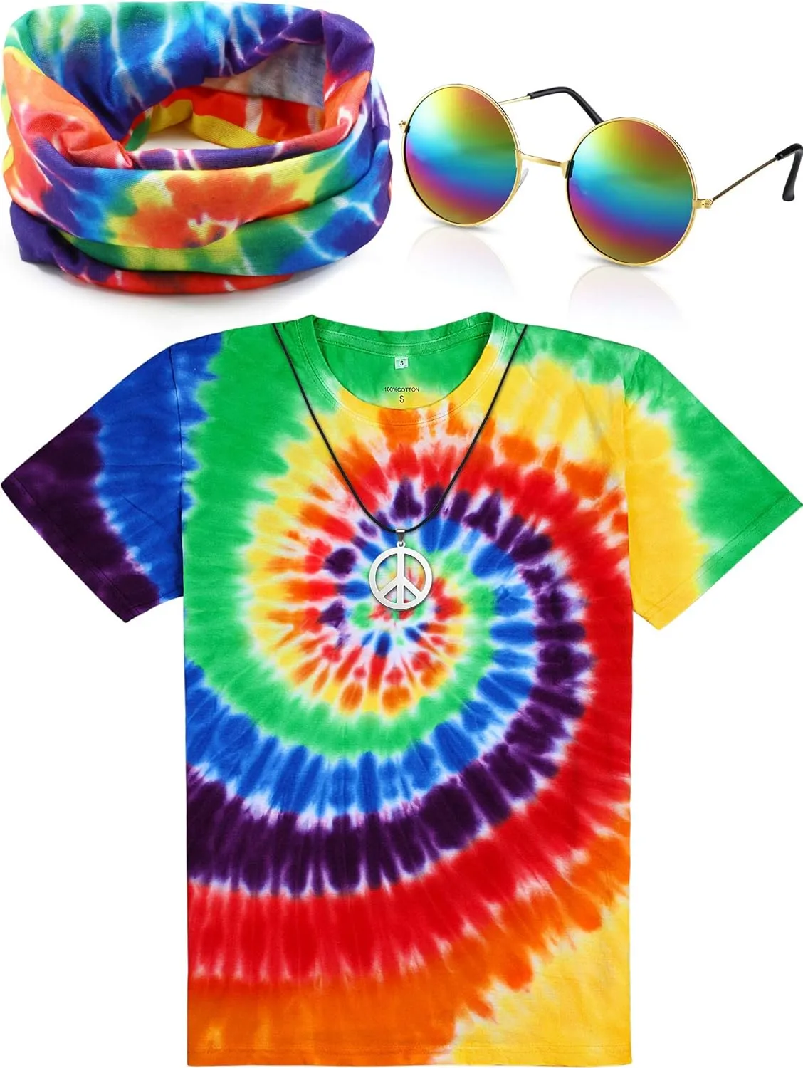 4 Pieces Hippie Costume Set, Include Colorful Tie-Dye T-Shirt, Peace Sign Necklace, Headband and Sunglasses for Theme Parties