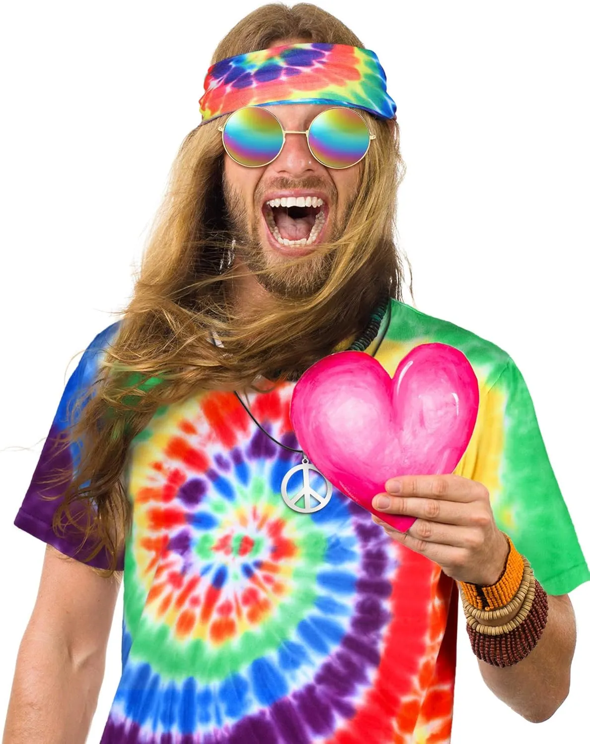 4 Pieces Hippie Costume Set, Include Colorful Tie-Dye T-Shirt, Peace Sign Necklace, Headband and Sunglasses for Theme Parties