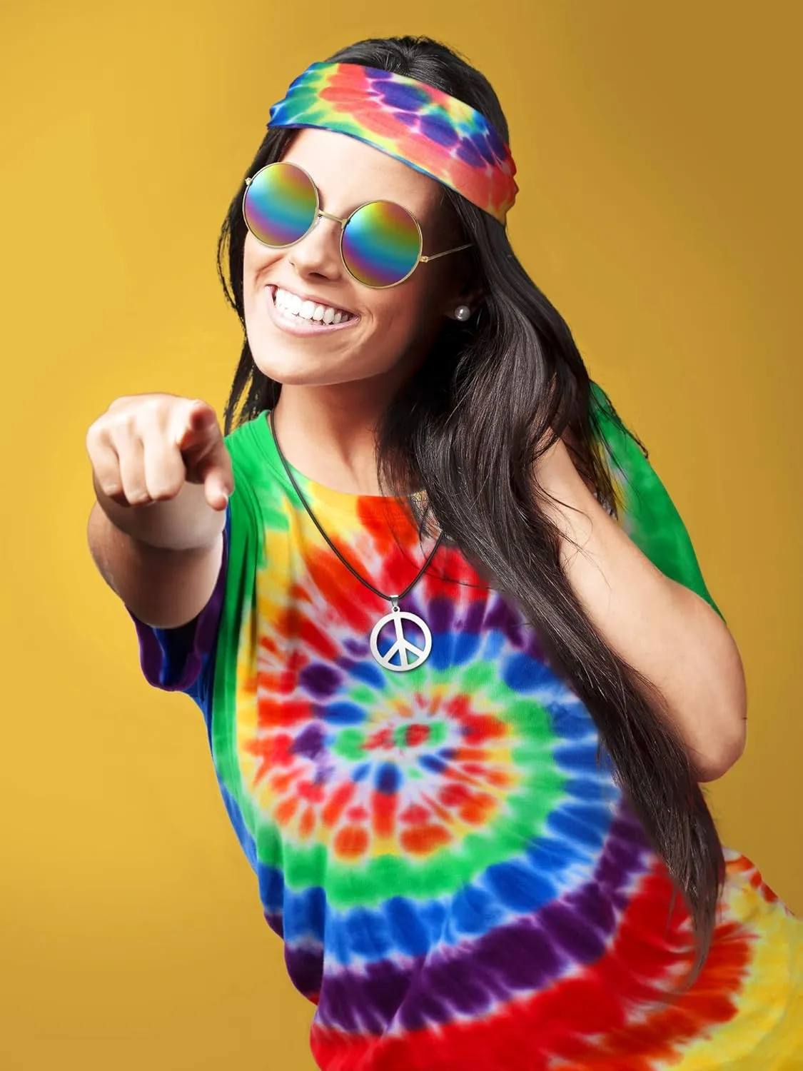 4 Pieces Hippie Costume Set, Include Colorful Tie-Dye T-Shirt, Peace Sign Necklace, Headband and Sunglasses for Theme Parties