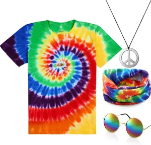 4 Pieces Hippie Costume Set, Include Colorful Tie-Dye T-Shirt, Peace Sign Necklace, Headband and Sunglasses for Theme Parties