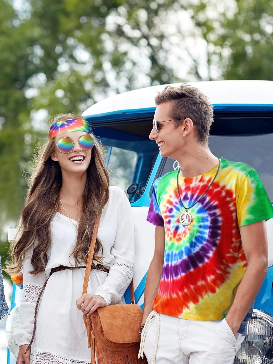 4 Pieces Hippie Costume Set, Include Colorful Tie-Dye T-Shirt, Peace Sign Necklace, Headband and Sunglasses for Theme Parties