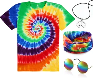 4 Pieces Hippie Costume Set, Include Colorful Tie-Dye T-Shirt, Peace Sign Necklace, Headband and Sunglasses for Theme Parties