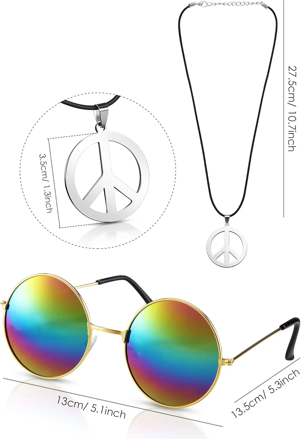 4 Pieces Hippie Costume Set, Include Colorful Tie-Dye T-Shirt, Peace Sign Necklace, Headband and Sunglasses for Theme Parties