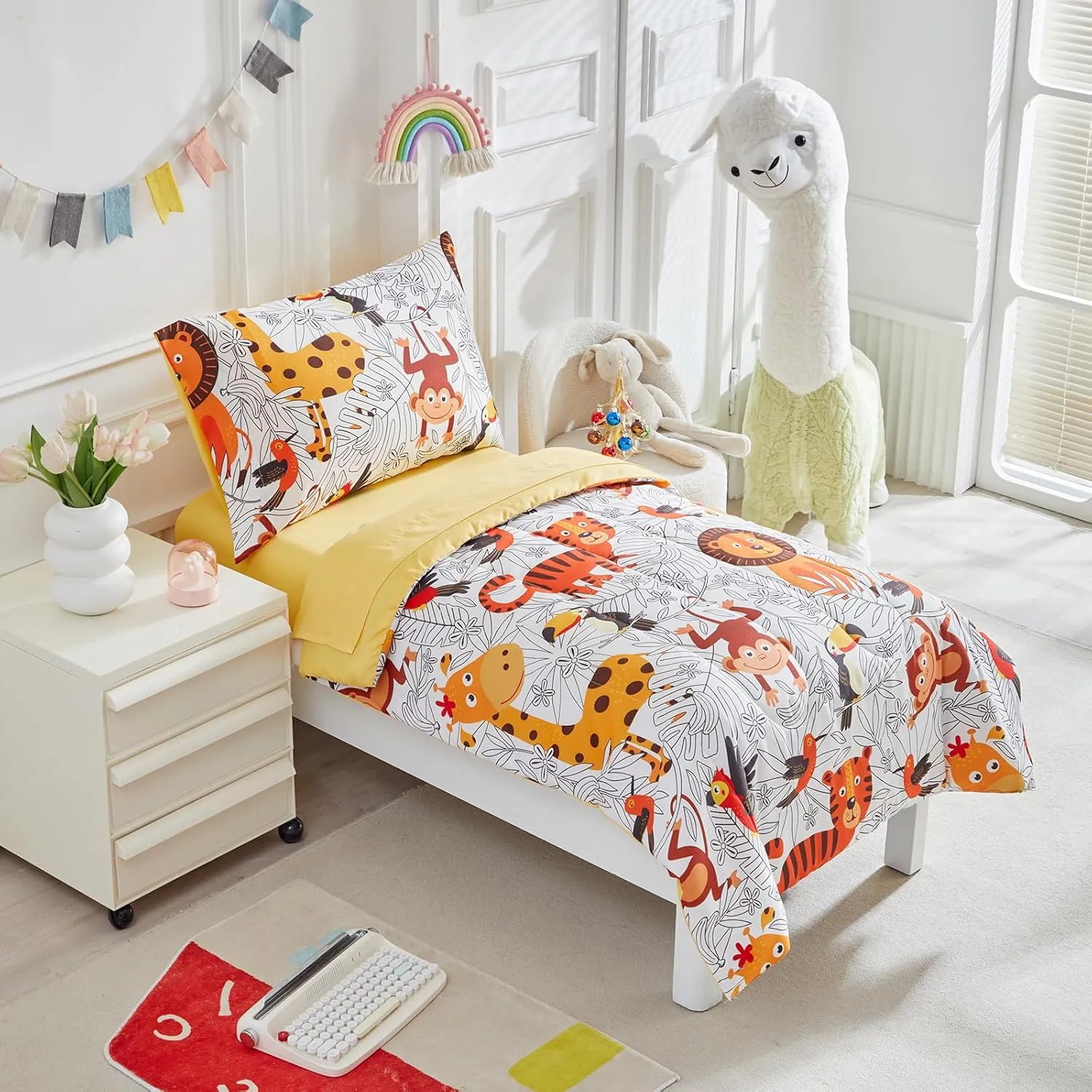 4 Pieces Toddler Bedding Set for Boys Girls - Cartoon Jungle Animals Print White Bed in a Bag - Colorful Comforter Set With Lion, Tiger, Monkey and Giraffe - Orange Yellow