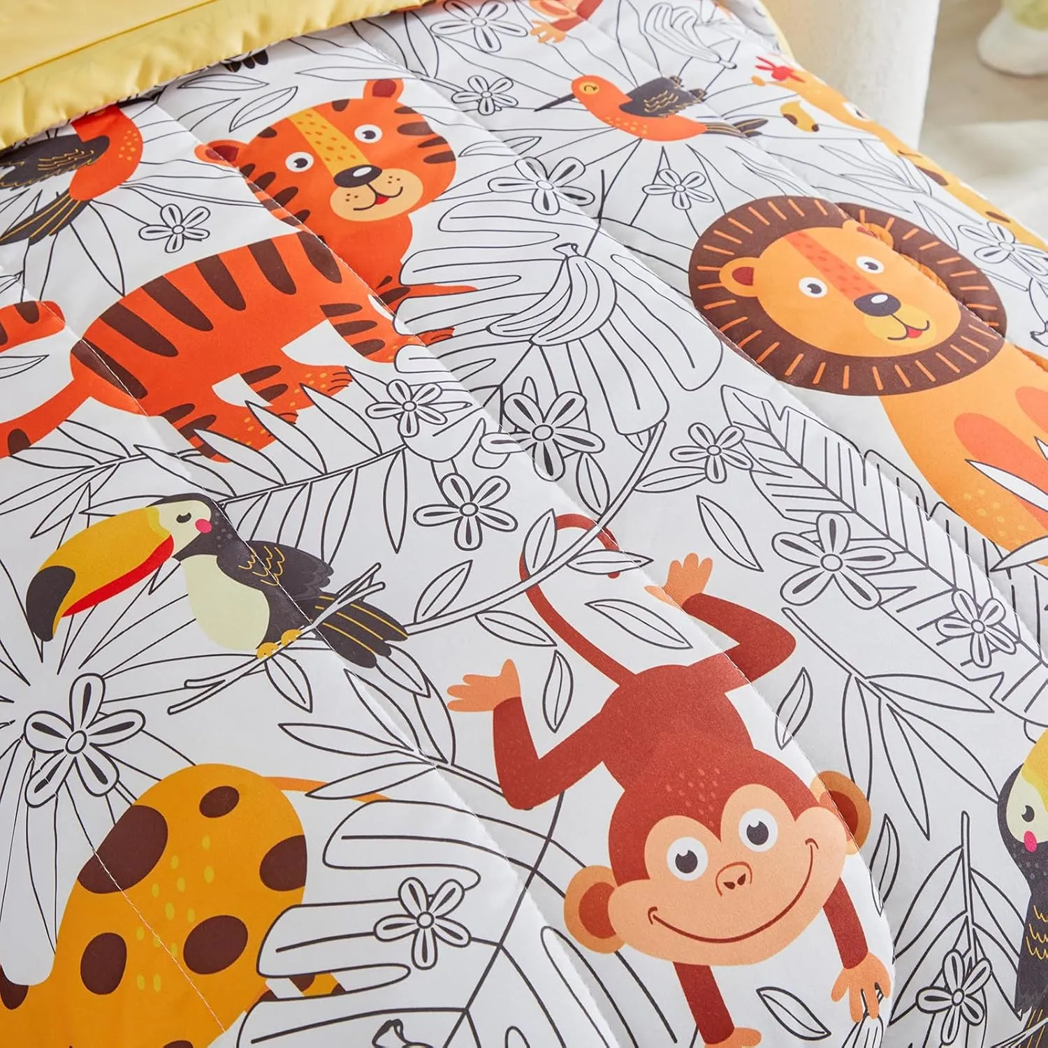 4 Pieces Toddler Bedding Set for Boys Girls - Cartoon Jungle Animals Print White Bed in a Bag - Colorful Comforter Set With Lion, Tiger, Monkey and Giraffe - Orange Yellow