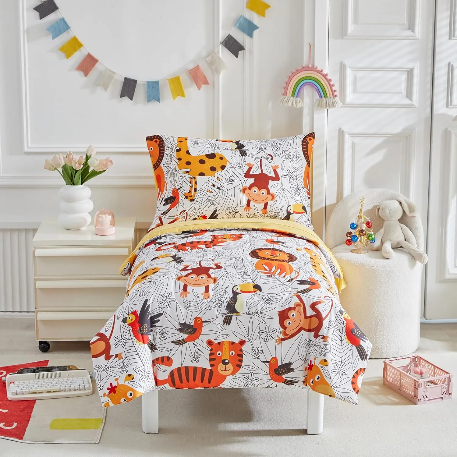 4 Pieces Toddler Bedding Set for Boys Girls - Cartoon Jungle Animals Print White Bed in a Bag - Colorful Comforter Set With Lion, Tiger, Monkey and Giraffe - Orange Yellow