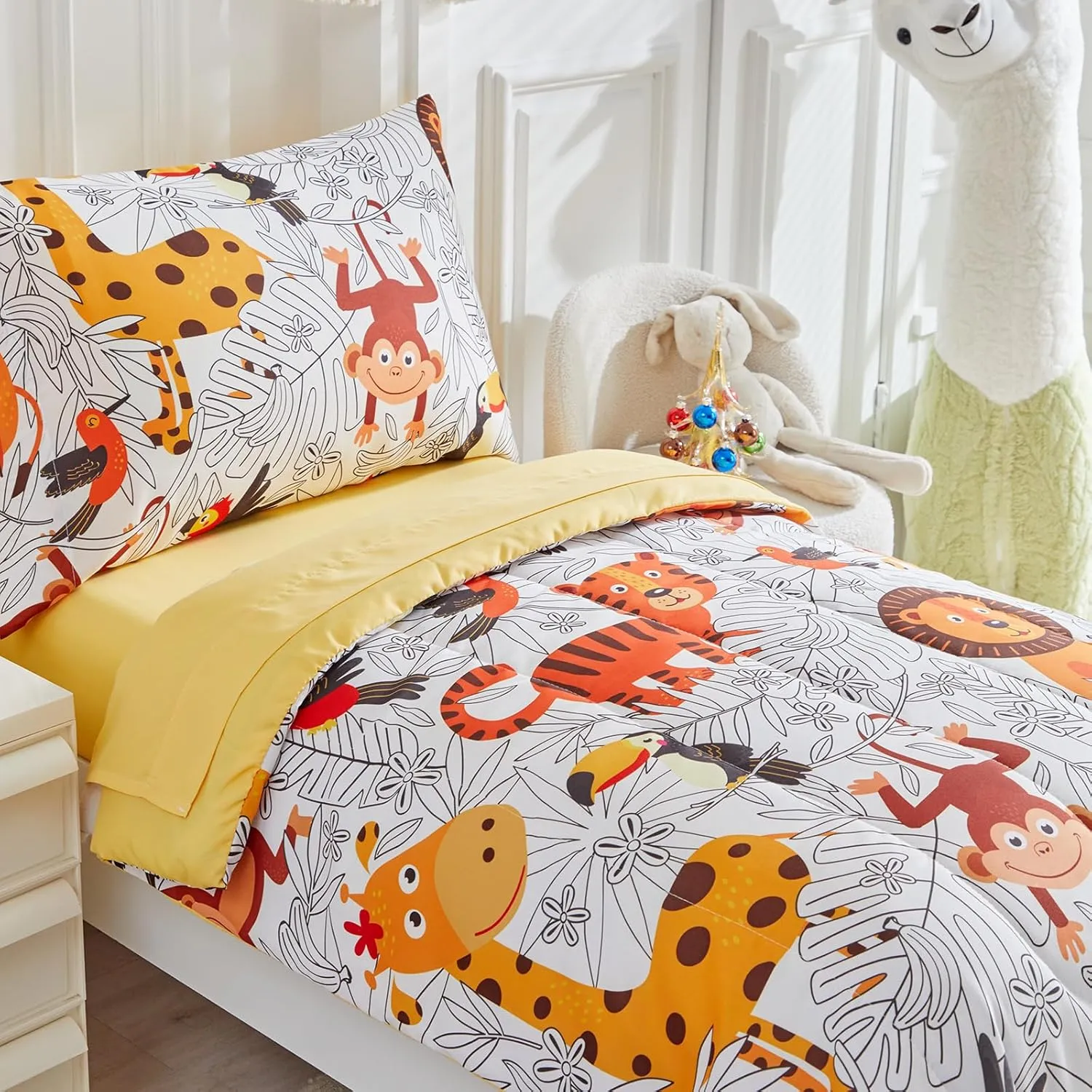 4 Pieces Toddler Bedding Set for Boys Girls - Cartoon Jungle Animals Print White Bed in a Bag - Colorful Comforter Set With Lion, Tiger, Monkey and Giraffe - Orange Yellow