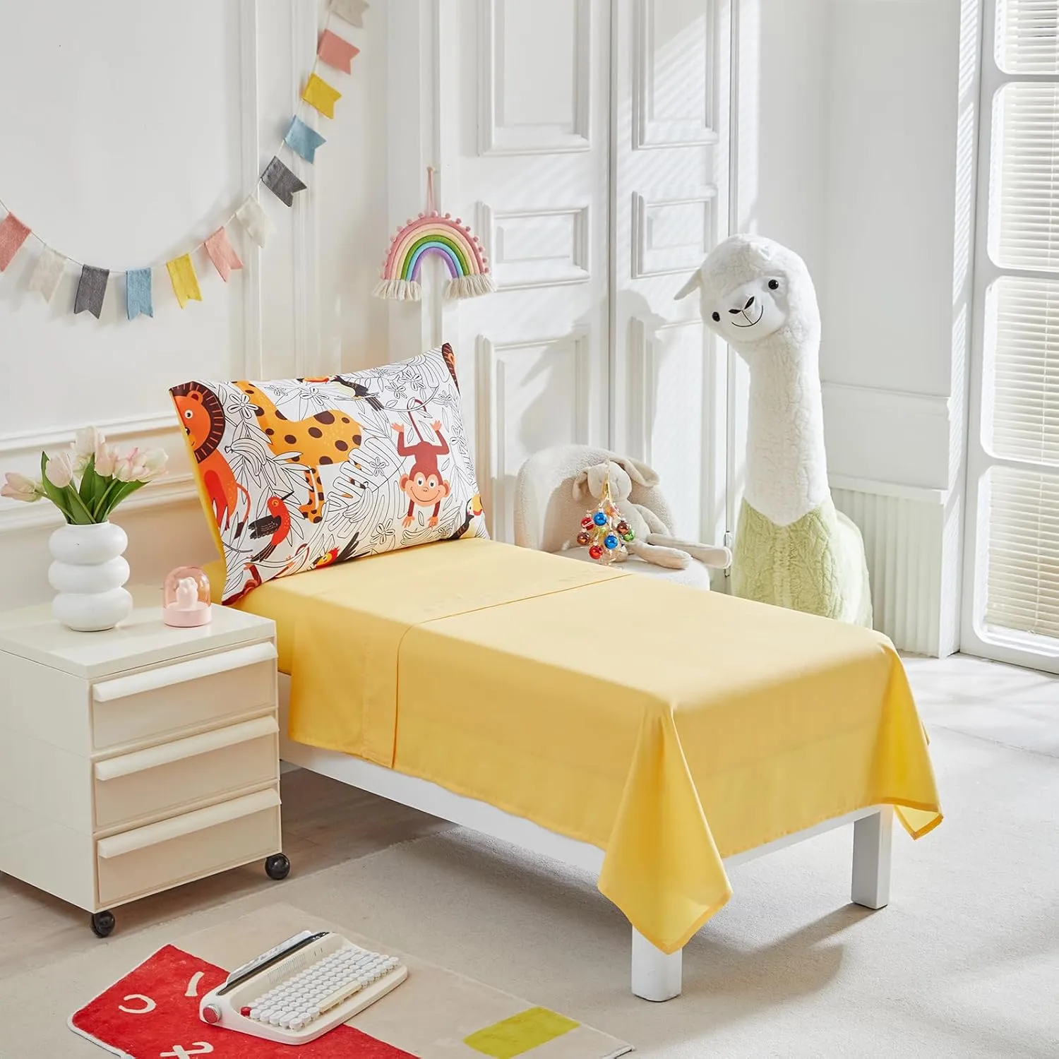 4 Pieces Toddler Bedding Set for Boys Girls - Cartoon Jungle Animals Print White Bed in a Bag - Colorful Comforter Set With Lion, Tiger, Monkey and Giraffe - Orange Yellow