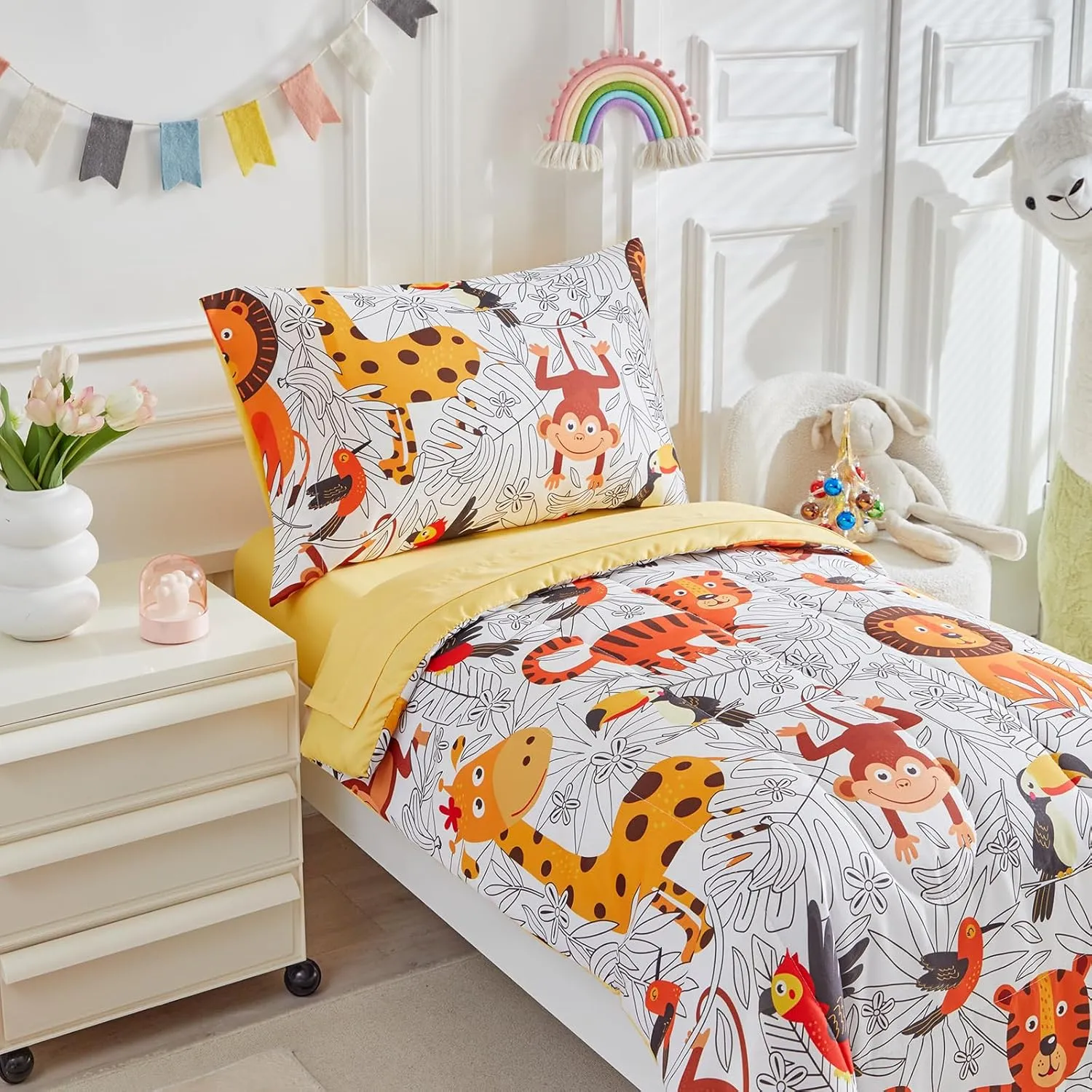 4 Pieces Toddler Bedding Set for Boys Girls - Cartoon Jungle Animals Print White Bed in a Bag - Colorful Comforter Set With Lion, Tiger, Monkey and Giraffe - Orange Yellow
