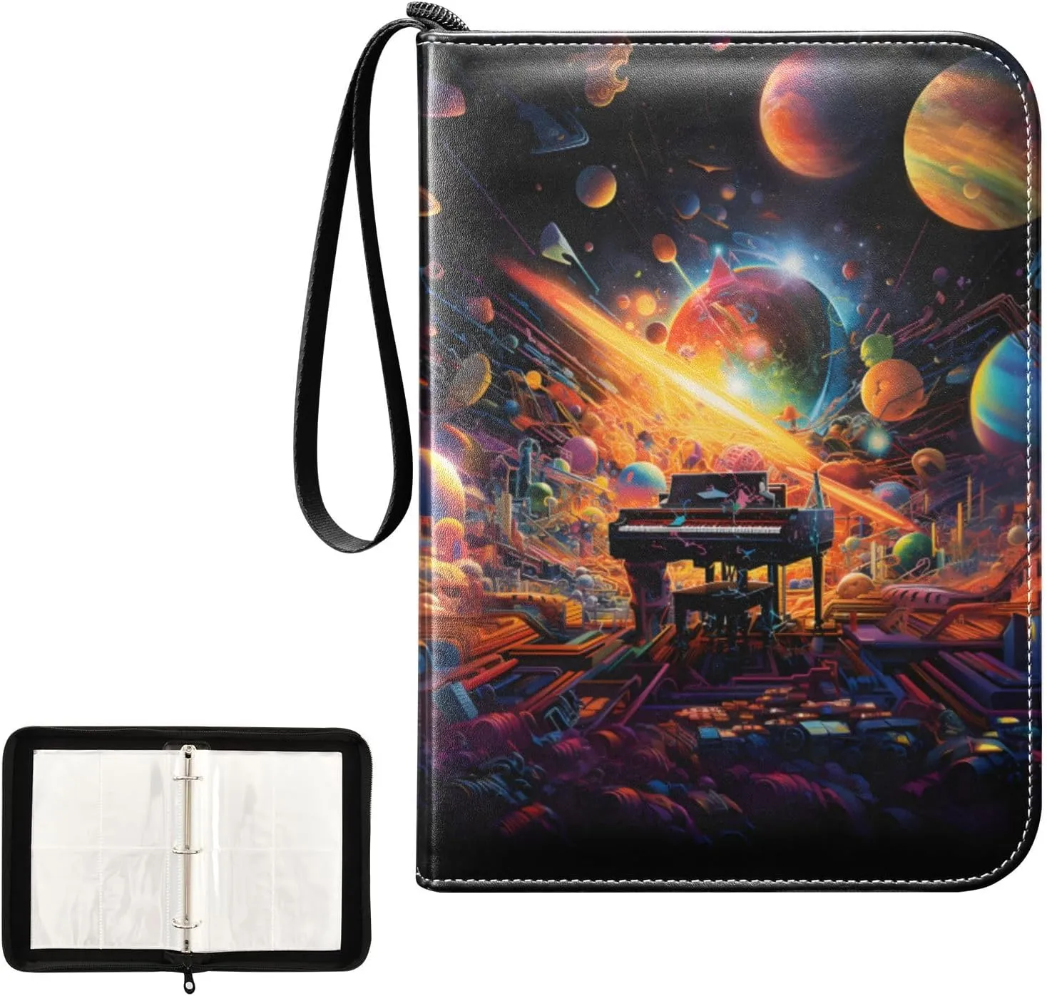 4 Pockets Trading Card Album Holder Book Folder Sports Card Binder Piano Galaxy 400 Double Side Pockets for 3 Ring Binder Zipper