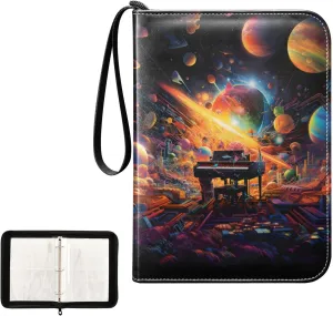 4 Pockets Trading Card Album Holder Book Folder Sports Card Binder Piano Galaxy 400 Double Side Pockets for 3 Ring Binder Zipper