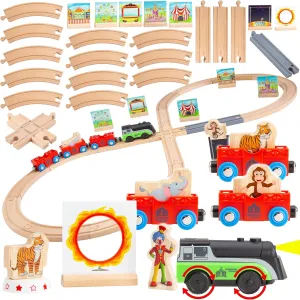 41 Pcs Battery Operated Motorized Light and Sound Circus on Wooden Railway Figure 8 Train Set Compatible with Thomas, Brio, Chuggington, Melissa & Doug