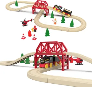 41-Piece Joy Forest Wooden Train Set for Toddlers & Preschoolers Aged 3 and up – Motorized Railway Engine, Bridge & Helicopter | Compatible with Brio & Thomas