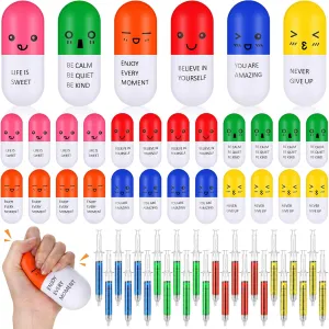 48 Pcs Inspirational Pill Stress Ball and Syringe Pen Pill Shaped Foam Stress Ball and Retractable Novelty Pen 2025 CNA Week Gift Bulk for Nursing School Pharmacy Student Party Favor